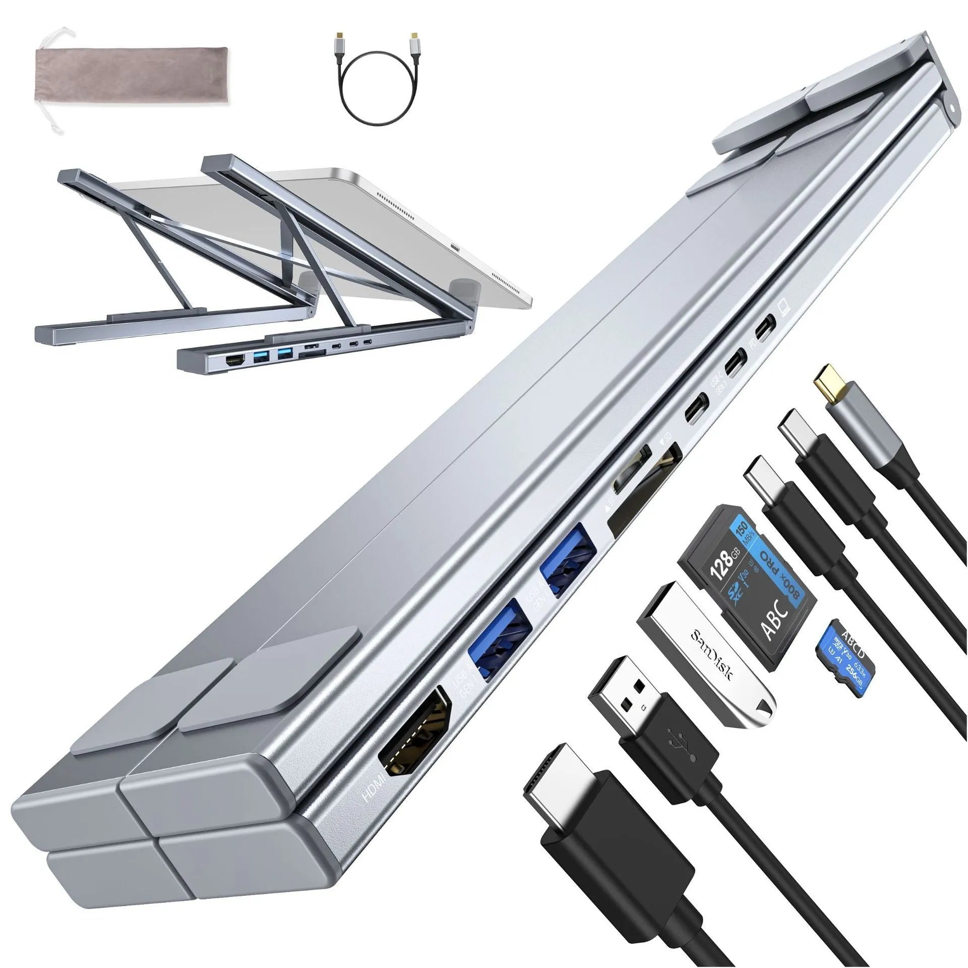 Aluminium folding laptop docking station stand with multi-port hub and HDMI output on a desk