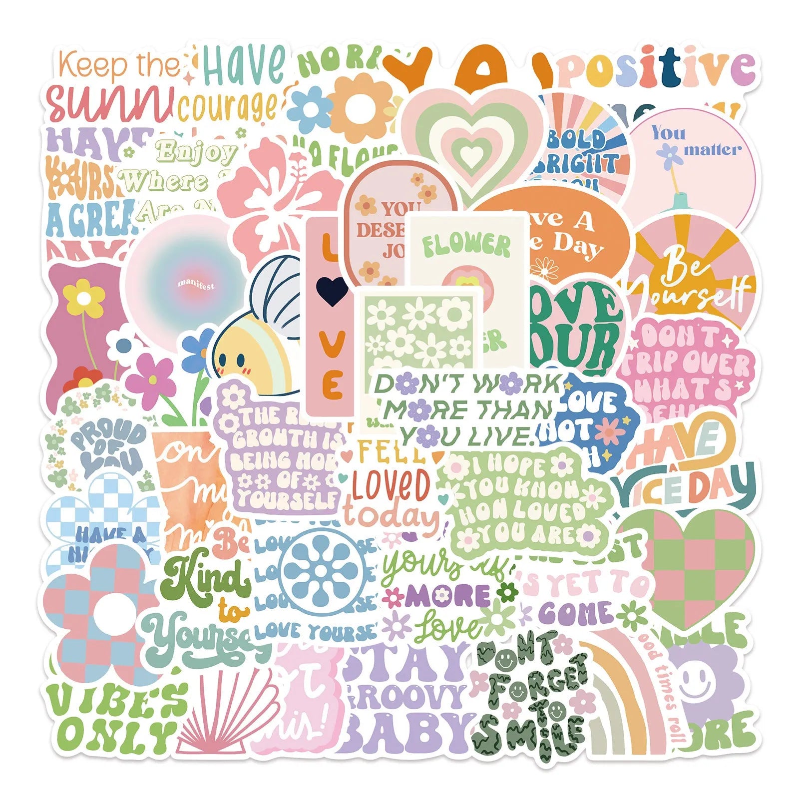 Pack of 50 pink graffiti-style motivational statement stickers for laptop and luggage decoration