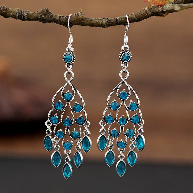 Purple retro crystal fringe earrings with ethnic styling and drop shape design