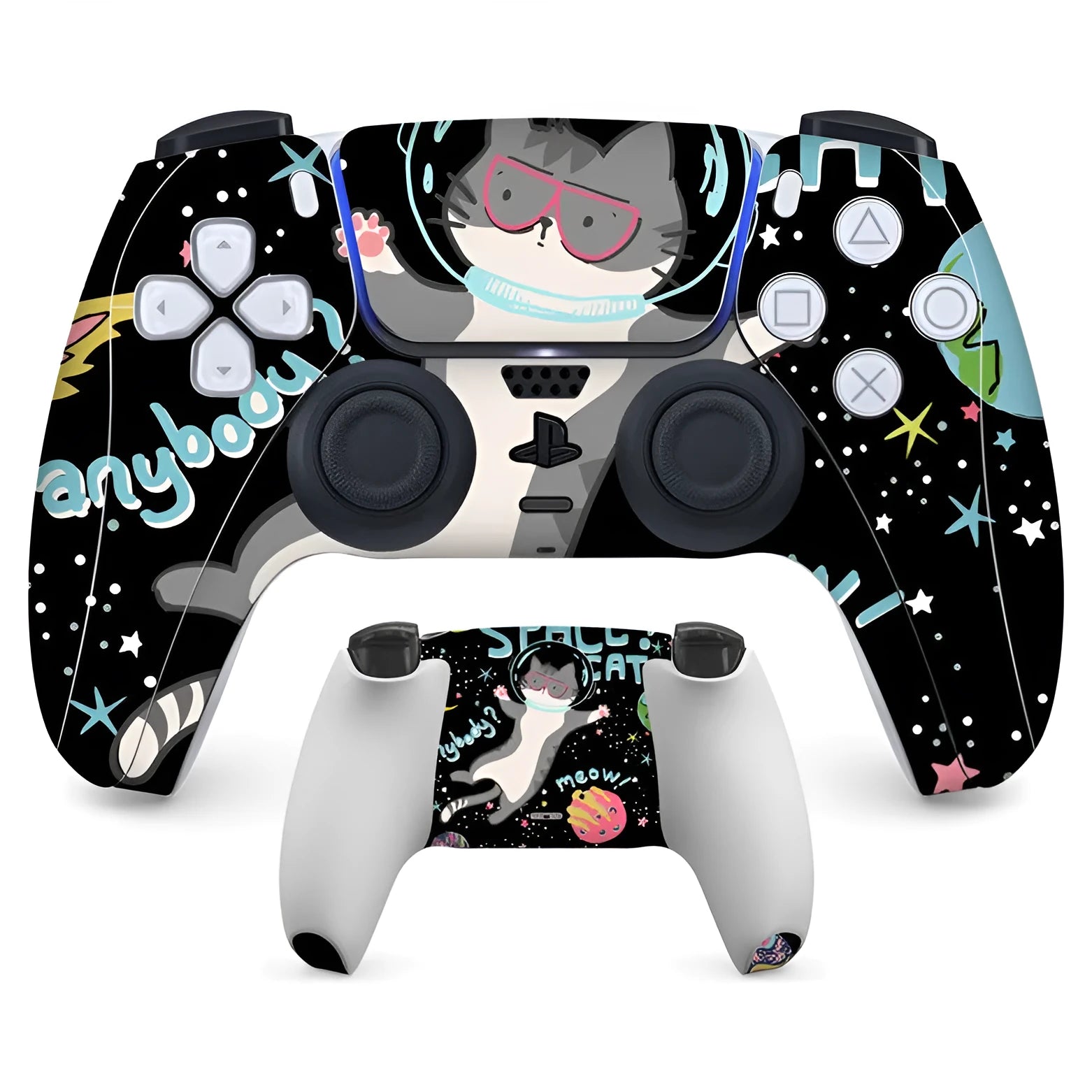 Set of PS5 controller protective stickers with micro-frosted PVC finish on a black background.