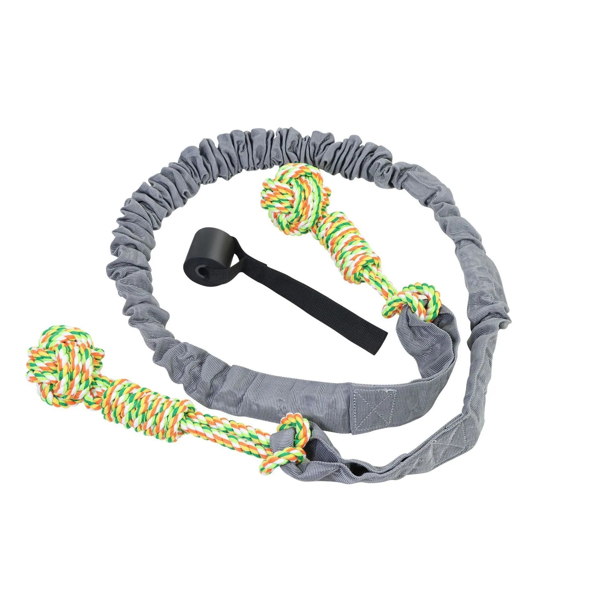 A long, woven cotton rope dog tug toy shown in a choice of black, grey, or red.