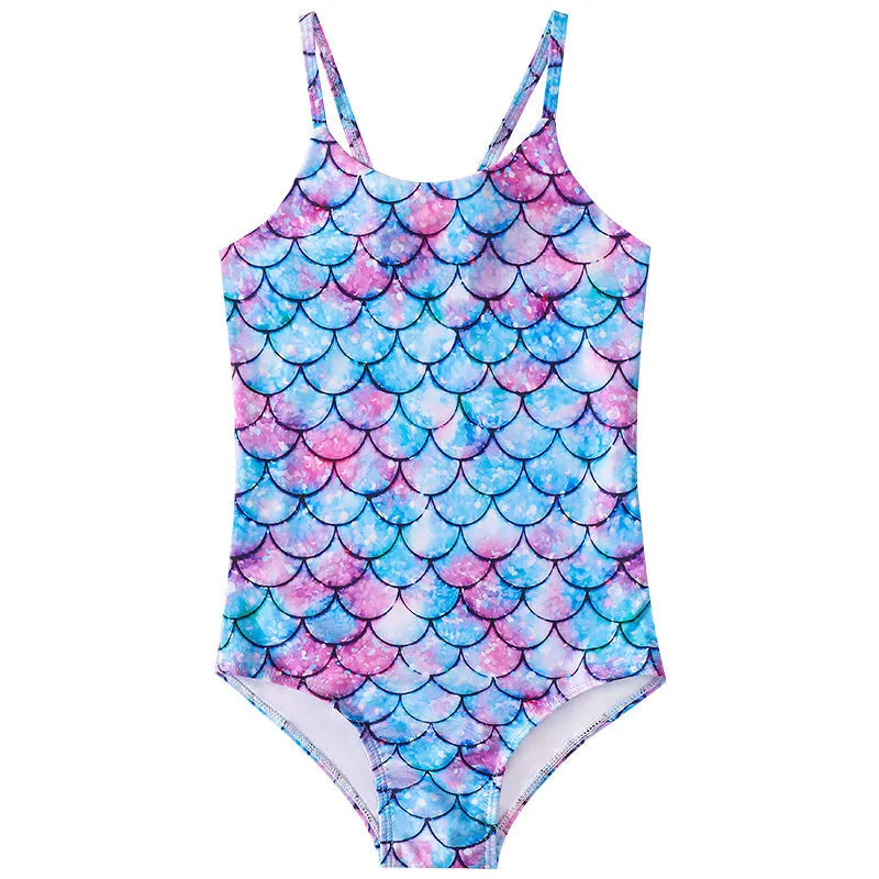 Children's mermaid style one-piece swimsuit in polyester with high elasticity, available in multiple colours and sizes 100-150cm