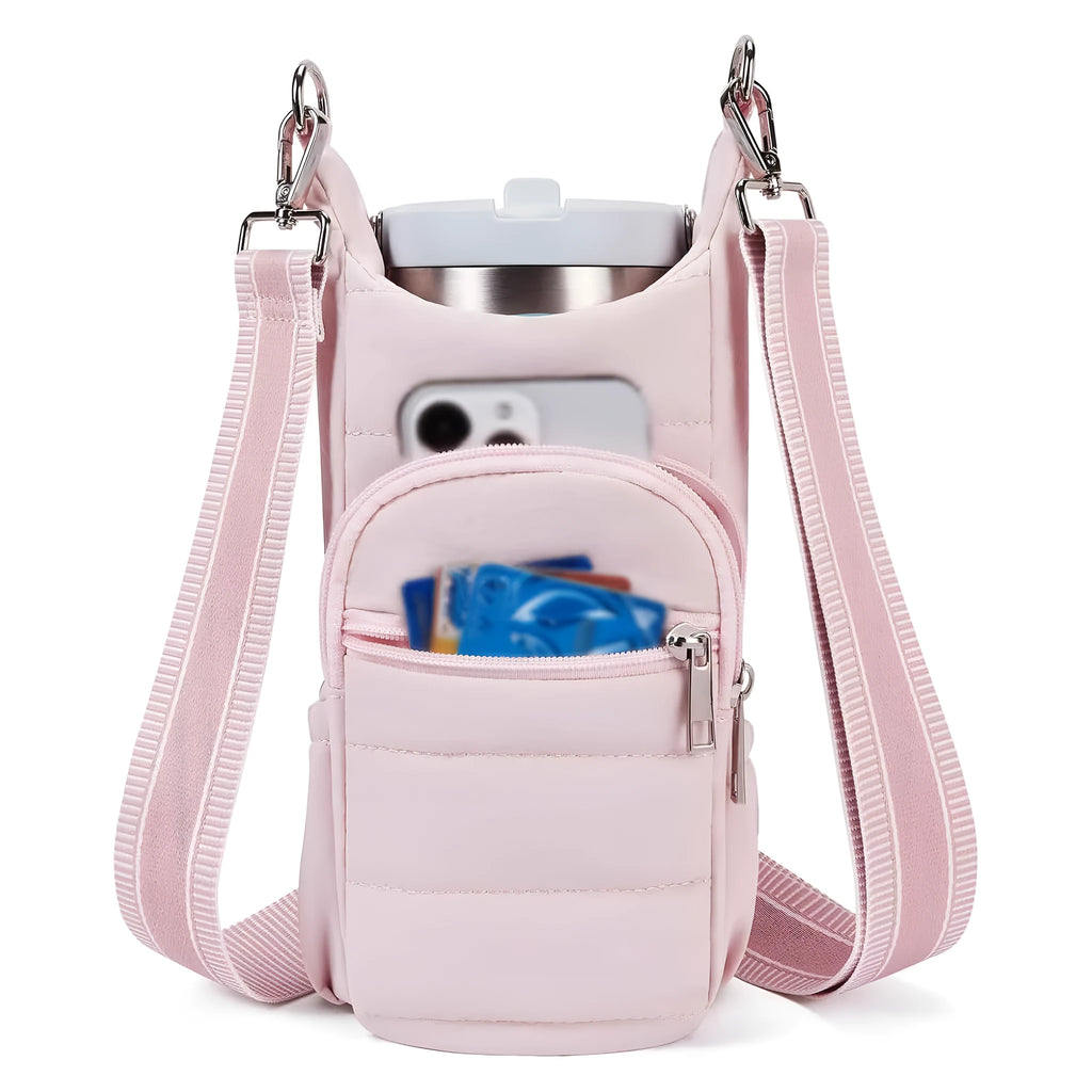 Cloth bicycle water bottle bag in beige, black, or pink colour on a bike frame.