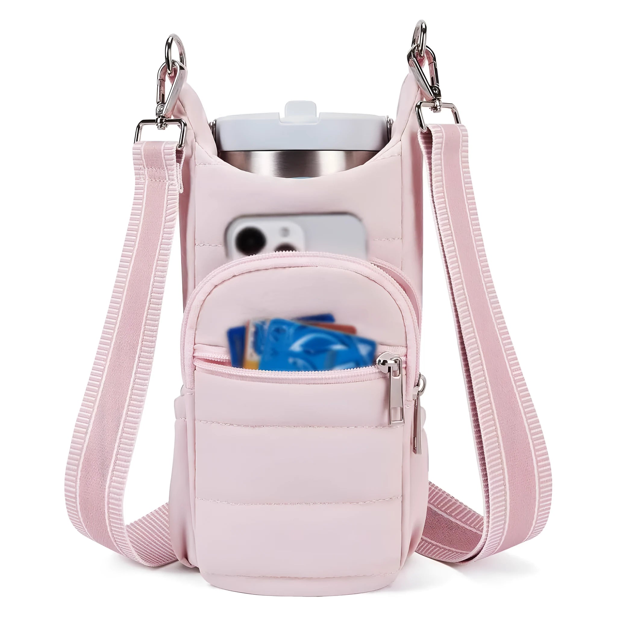 Cloth bicycle water bottle bag in beige, black, or pink colour on a bike frame.