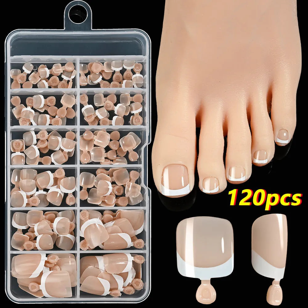 120 French white edge toenail pieces in nine nude shades, short square shape