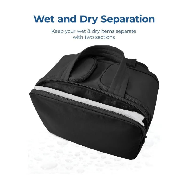 Large open travel toiletry bag in polyester showing beige colour, dimensions 29.97 x 18.54 x 21.08cm.