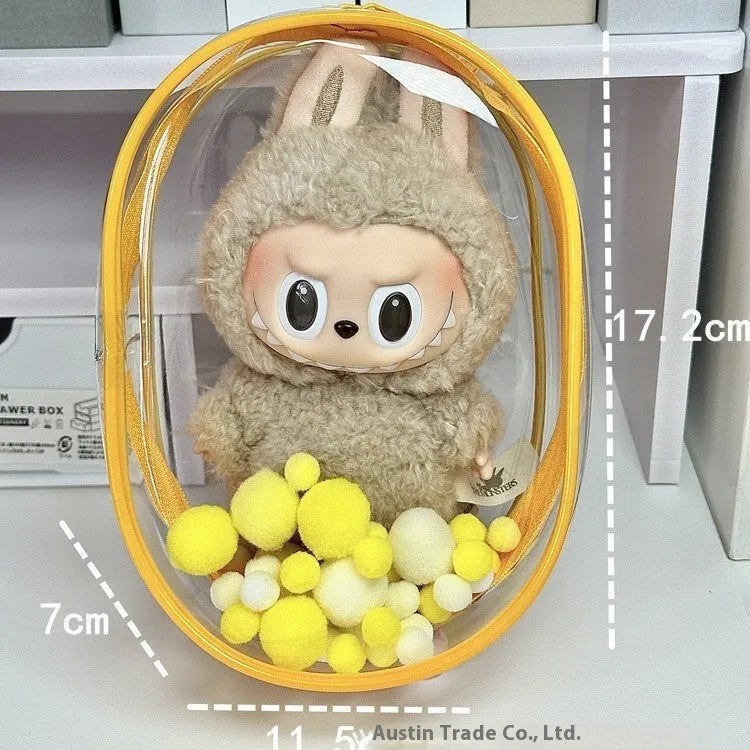 Transparent PVC cube storage bag with keychain for doll clothes and small items.