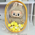 Transparent PVC cube storage bag with keychain for doll clothes and small items.