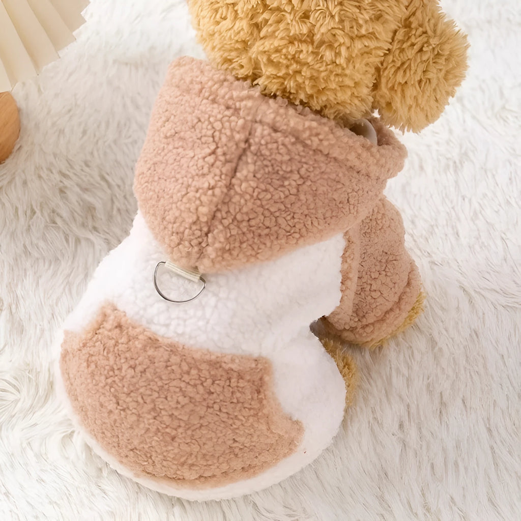 Brown hooded cotton-padded dog coat shown on model, with blue colour option available in sizes XS to XL