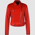 Women's short black PU leather jacket with waist belt on hanger