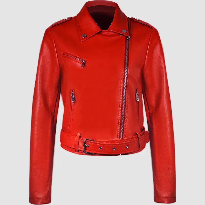 Women's short black PU leather jacket with waist belt on hanger