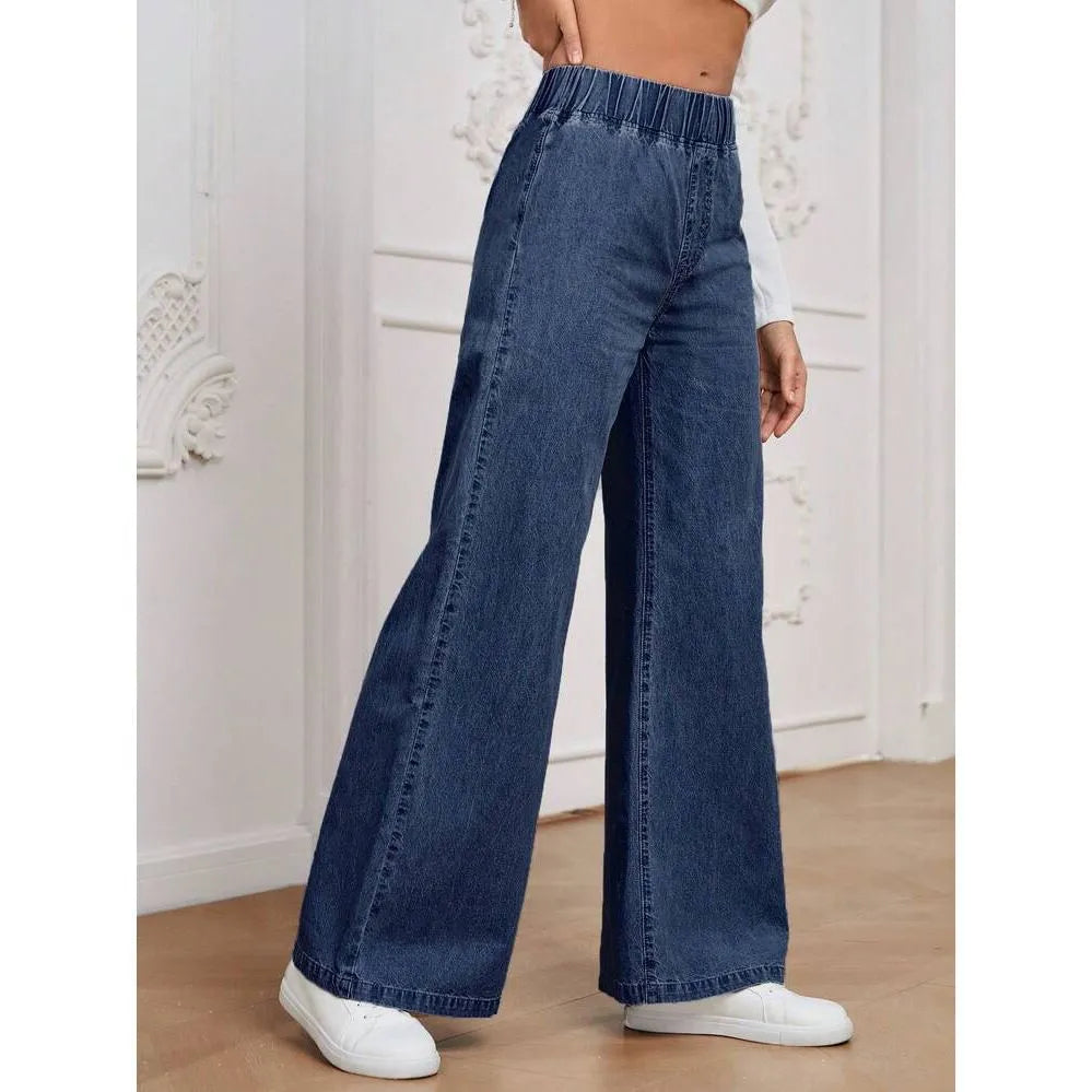 Plus size light blue washed denim wide-leg jeans with straight cut and mid-rise waist