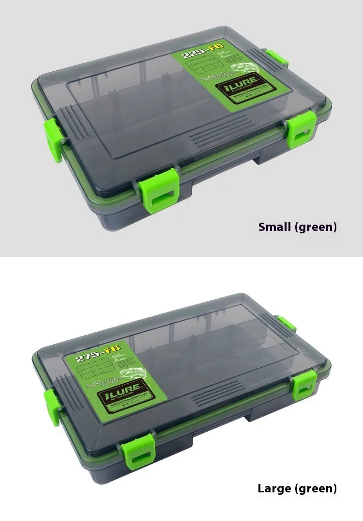 Blue plastic fishing lure storage box with compartments, shown next to a green box of the same design.