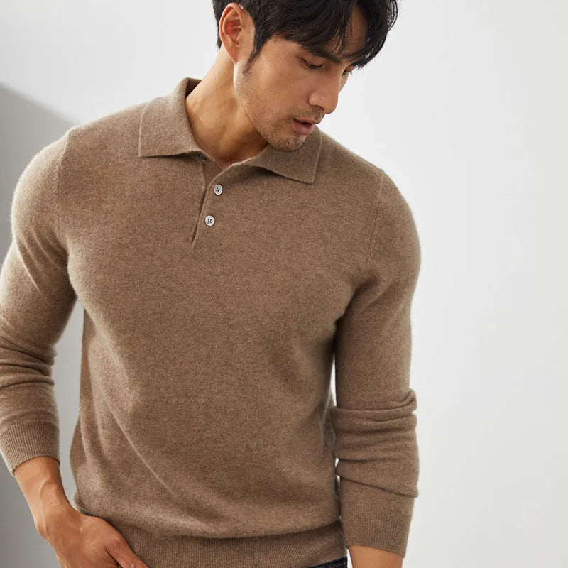 Men's sapphire blue cashmere polo collar pullover sweater with short sleeves on hanger