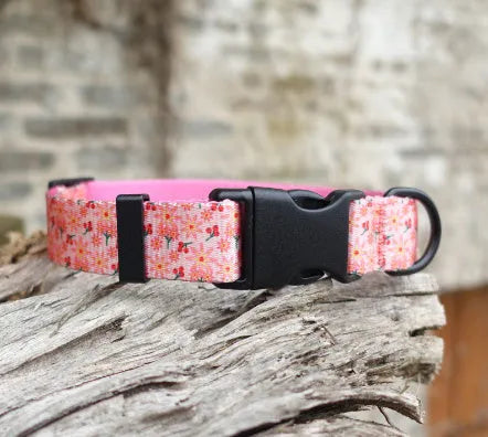 Flower pattern nylon ribbon pet collar for dogs and cats shown in Hanada colour on size L.