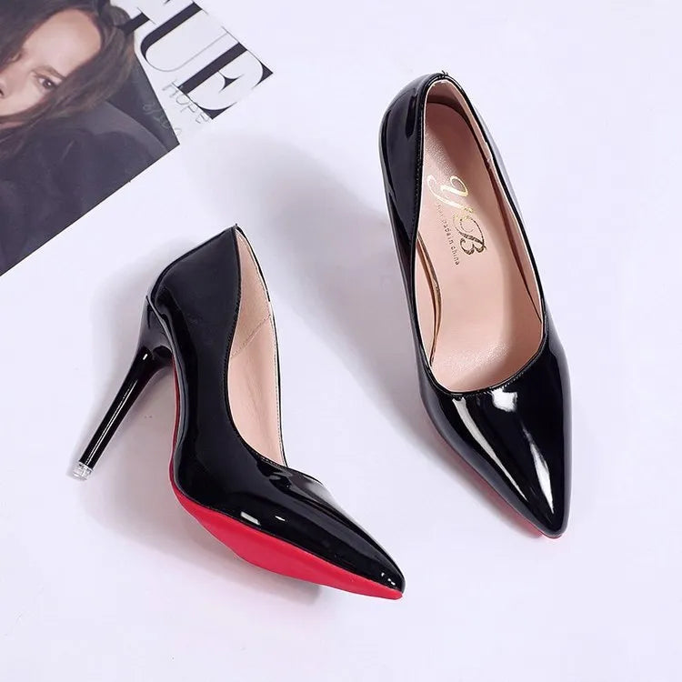 Women's solid colour pointed-toe pumps with a stiletto heel and shallow-mouth design.
