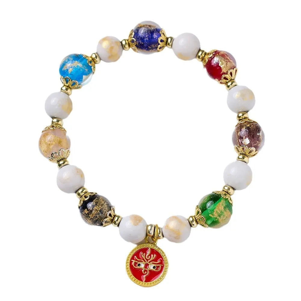 Handmade glazed bracelet with Five Gods of Wealth charm and 10mm geometric beads.