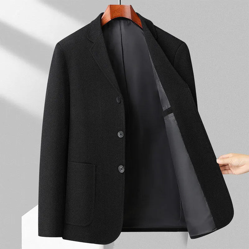 Men's loose-fitting woolen coat in solid colour for spring and autumn casual wear