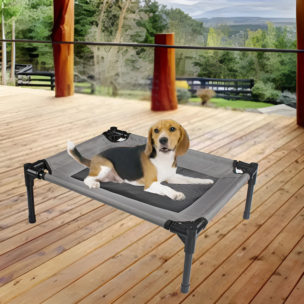 Grey Oxford cloth dog trampoline bed with iron frame, 55x43x18cm, removable washable cover on floor