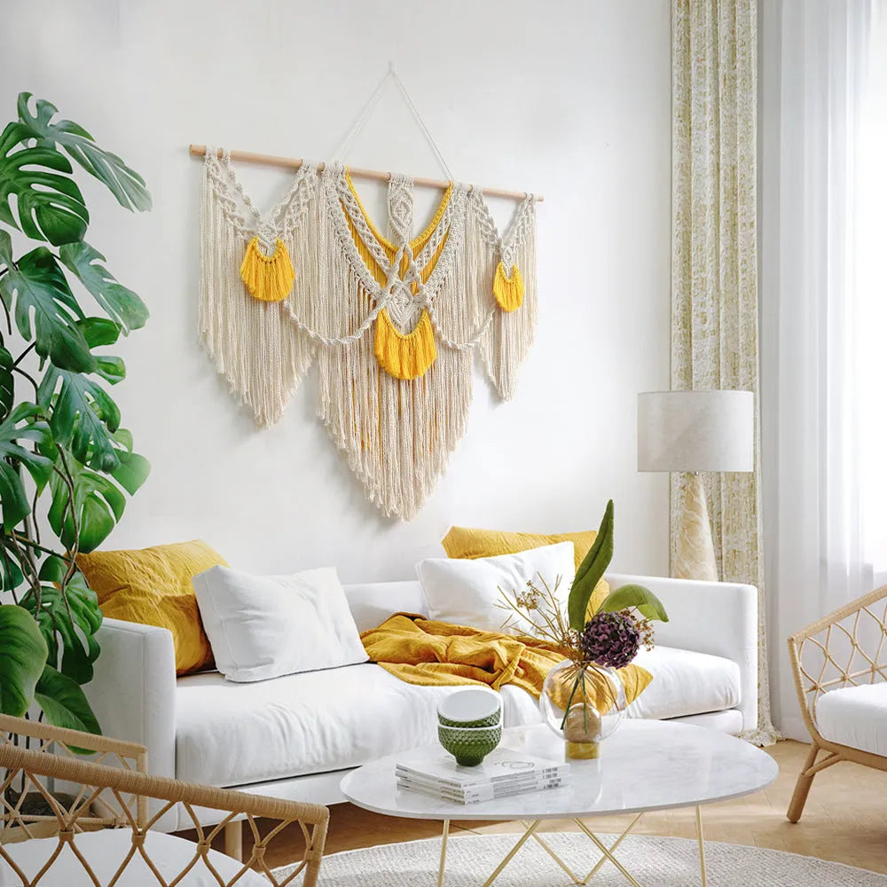 Nordic style creamy white cotton tapestry wall hanging measuring 120x95cm with hand-woven texture
