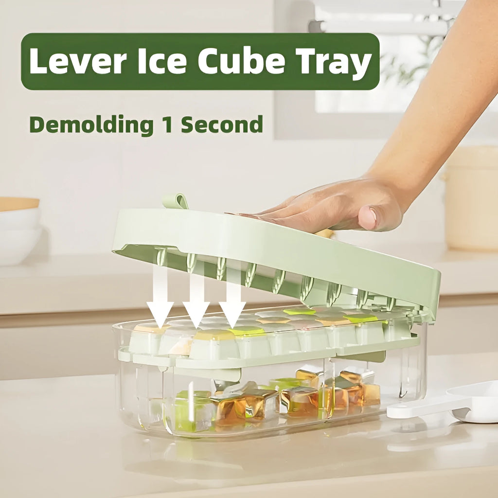 High capacity ice cube tray grid in blue colour with leverage demolding system and included ice shovel