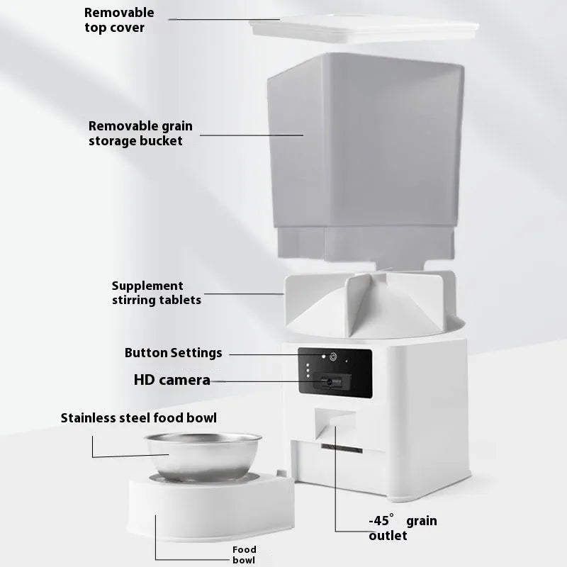 Smart pet feeder with stainless steel bowl and video monitoring camera