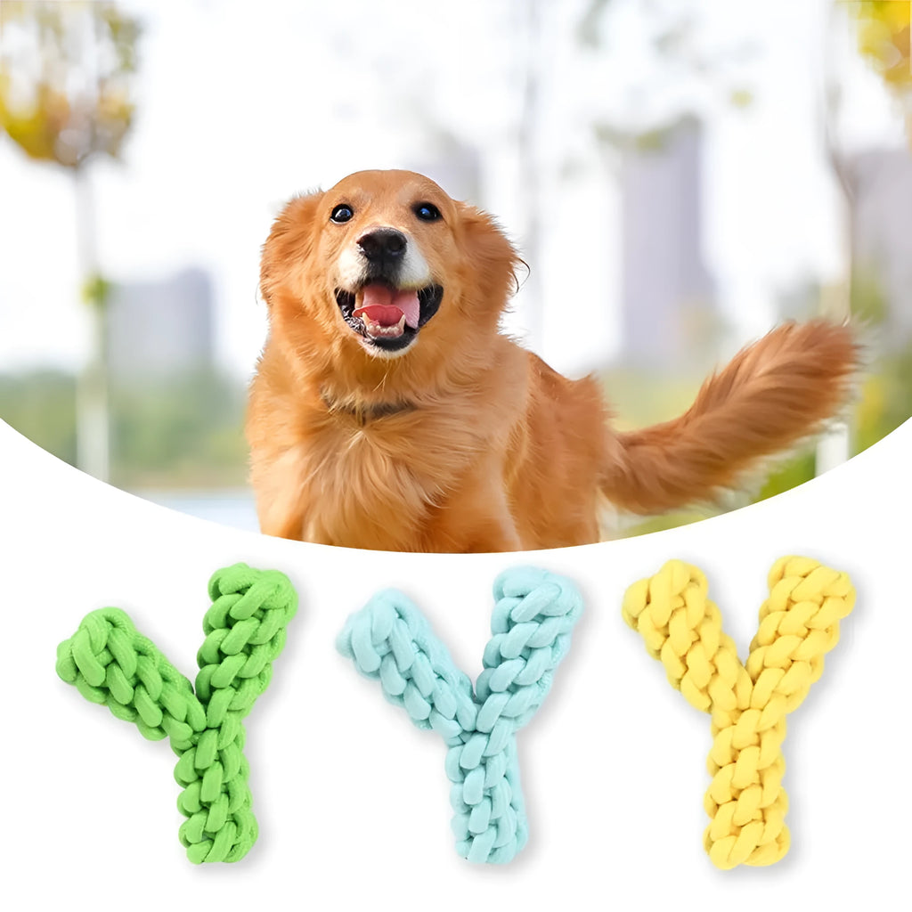 Blue Y-shaped cotton rope dog chew toy for large breeds on a wooden floor.