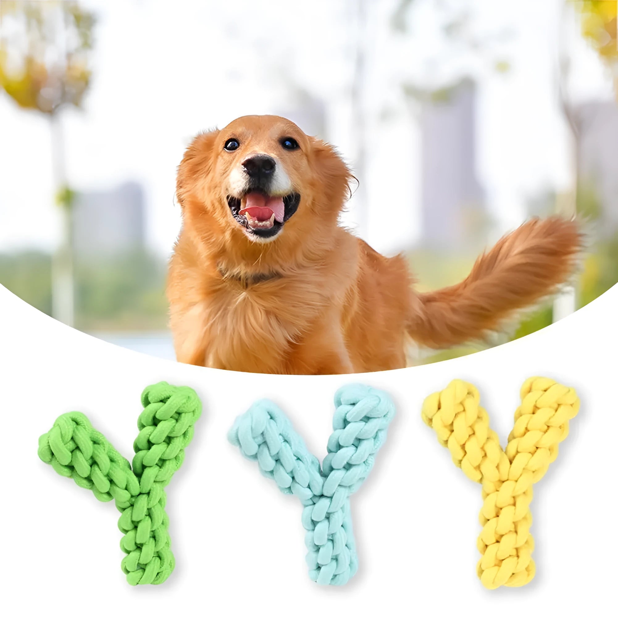 Blue Y-shaped cotton rope dog chew toy for large breeds on a wooden floor.