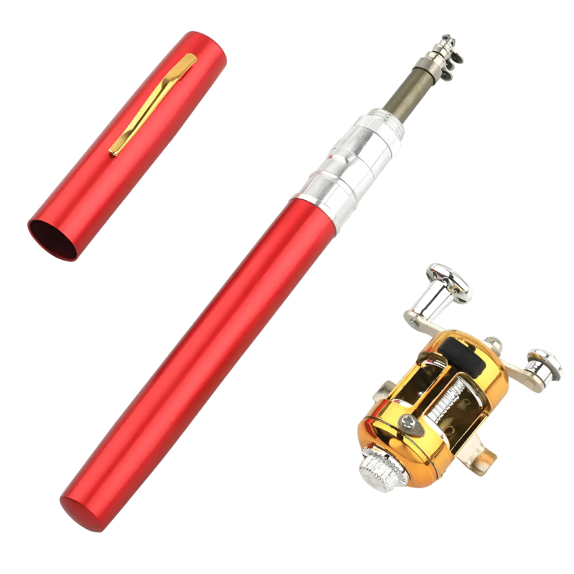 Portable telescopic pocket fishing rod kit with 1m fibre glass rod and golden ST5RL fishing reel
