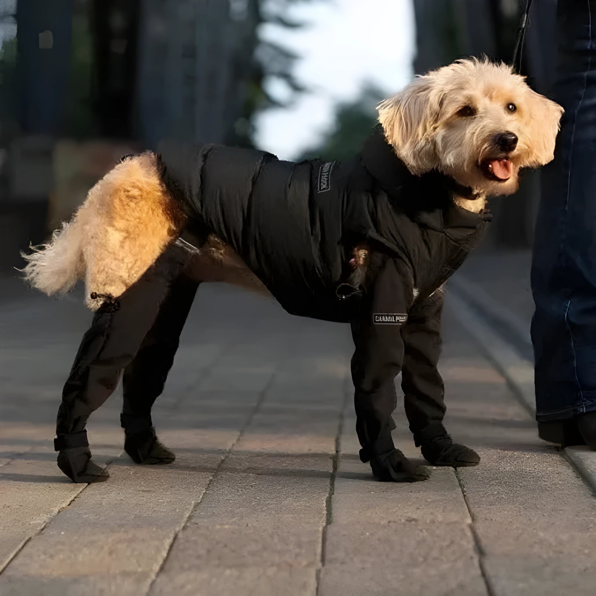 Black dog shoes with adjustable strap closure showing waterproof non-slip sole design