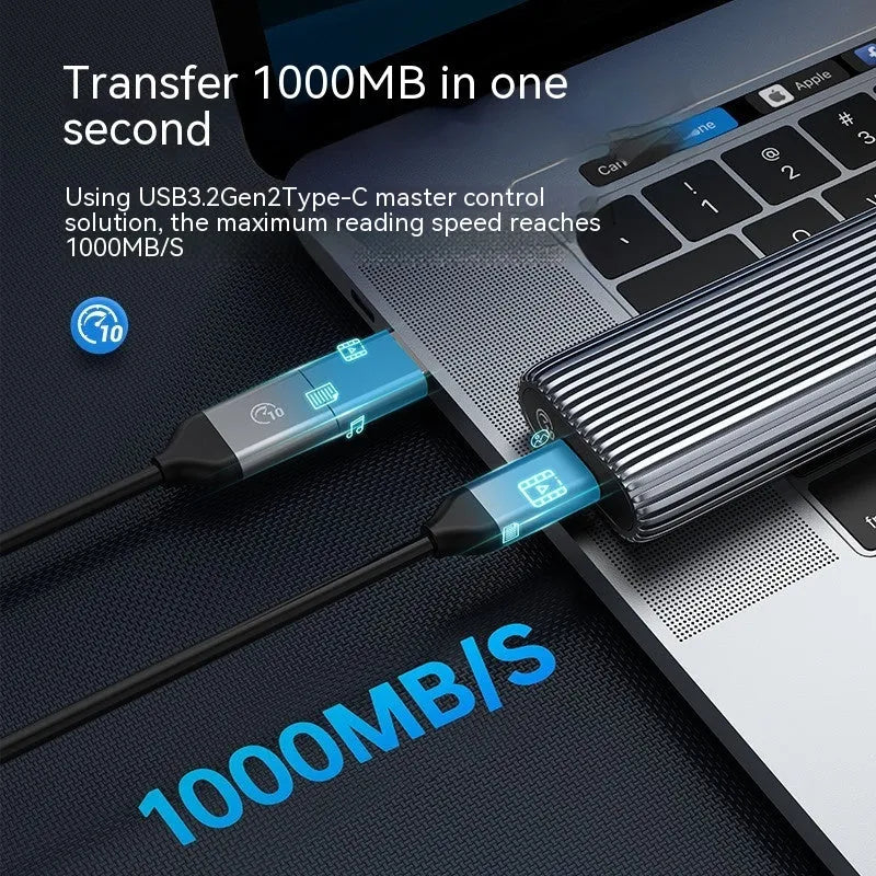 Aluminium alloy external SSD enclosure for M.2 SATA and NVMe drives with two-in-one data cable