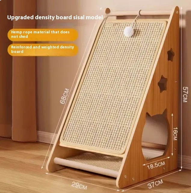 Vertical wall-mounted cat scratch board with sisal surface, featuring a dangling teasing ball and hemp rope.