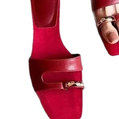 Square toe leather and rubber plus size outdoor slippers in red, shown from the side.