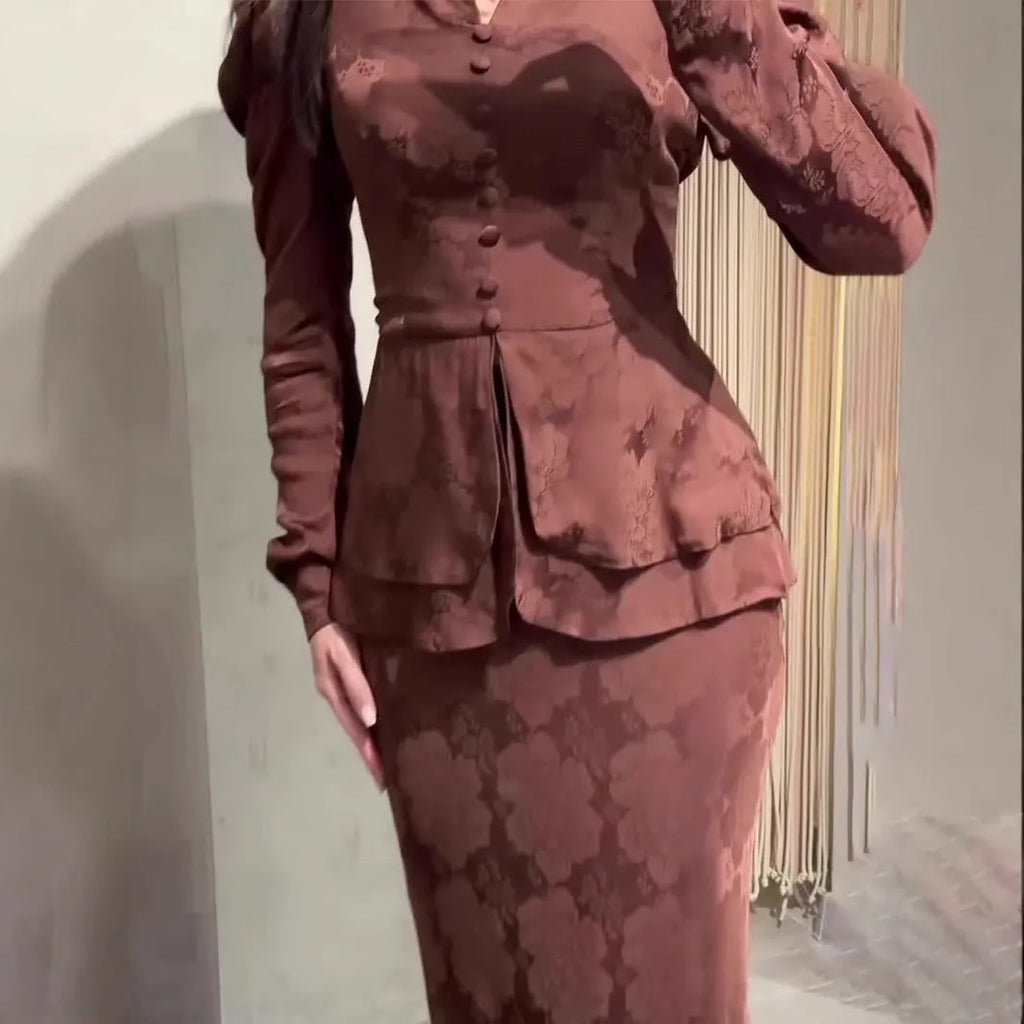 Dark brown women's retro dress with botanical pattern, long sleeves, and a fake two-piece design.