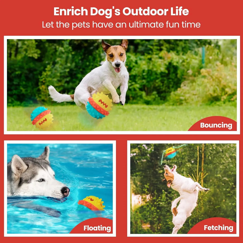 Blue and red squeaky dog chew toy with rope, treat dispenser hole, and 4.25 inch diameter ball shape.