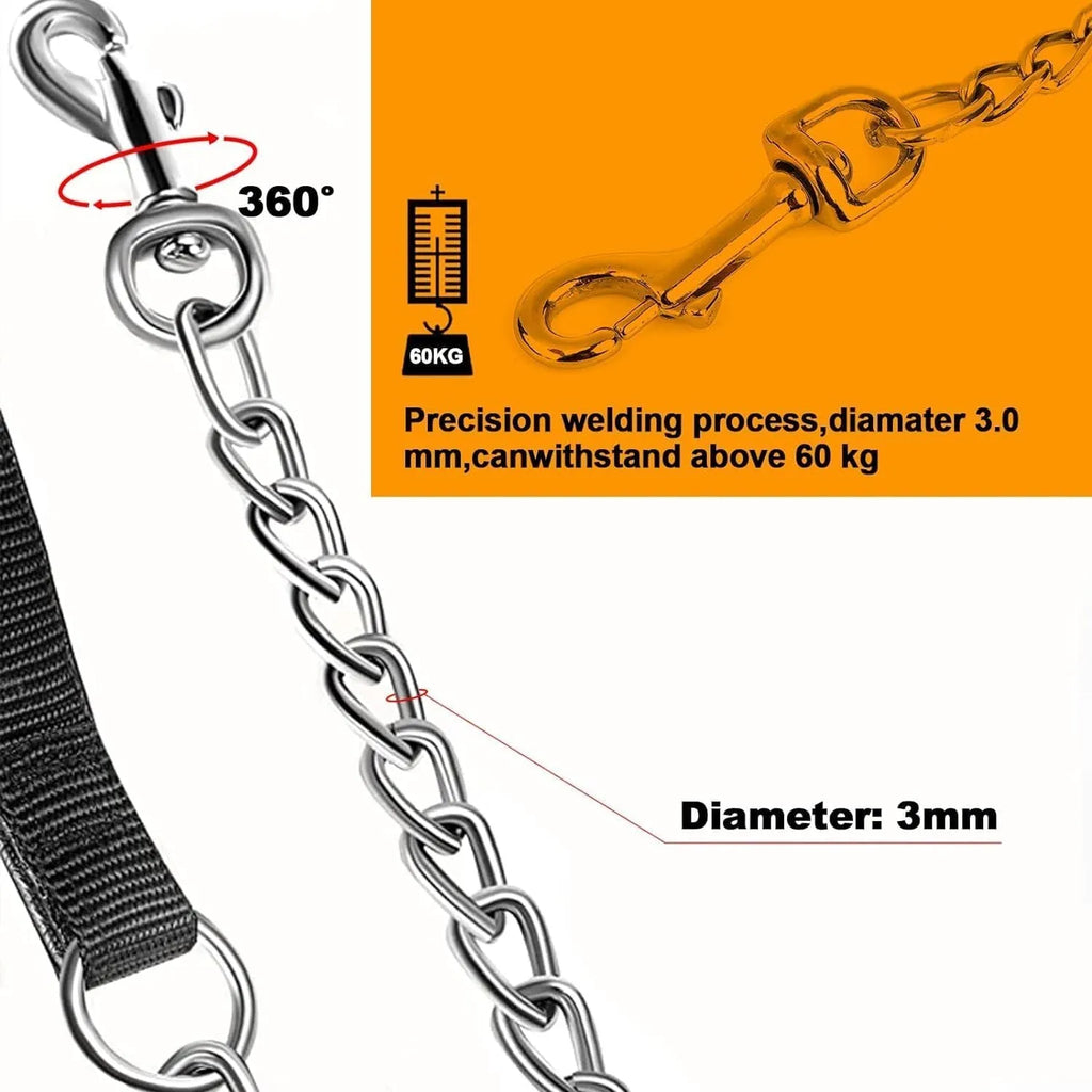 Heavy duty metal chain dog leash with a soft black padded handle, shown in red, blue, and black colours
