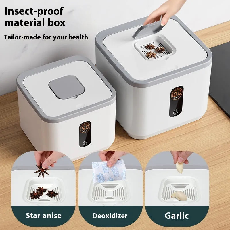 Grey sealed plastic rice storage jar with lid and measuring cup in 10kg, 20kg, and 30kg size options.