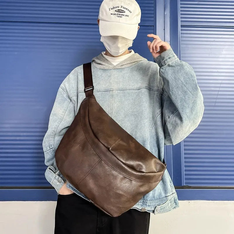 Retro large capacity black PU crossbody bag for men shown with dimensions