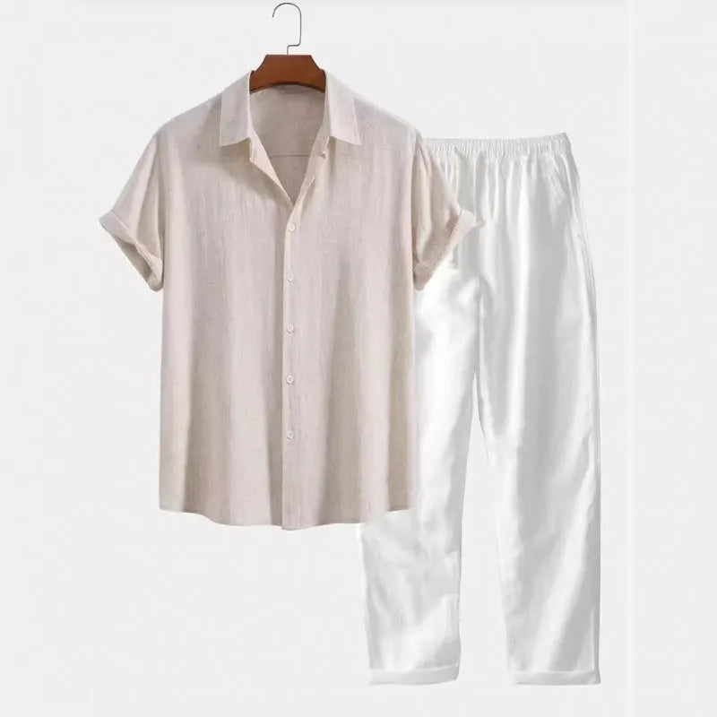 Men's loose fitting short sleeve shirt and casual trousers set in linen-look fabric.