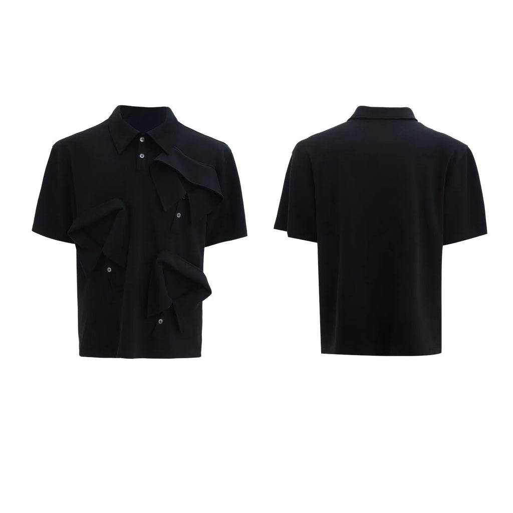 Men's loose fit grey polo shirt with a deconstructed multi-collar and a geometric pattern on the chest.