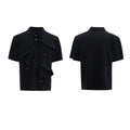 Men's loose fit grey polo shirt with a deconstructed multi-collar and a geometric pattern on the chest.