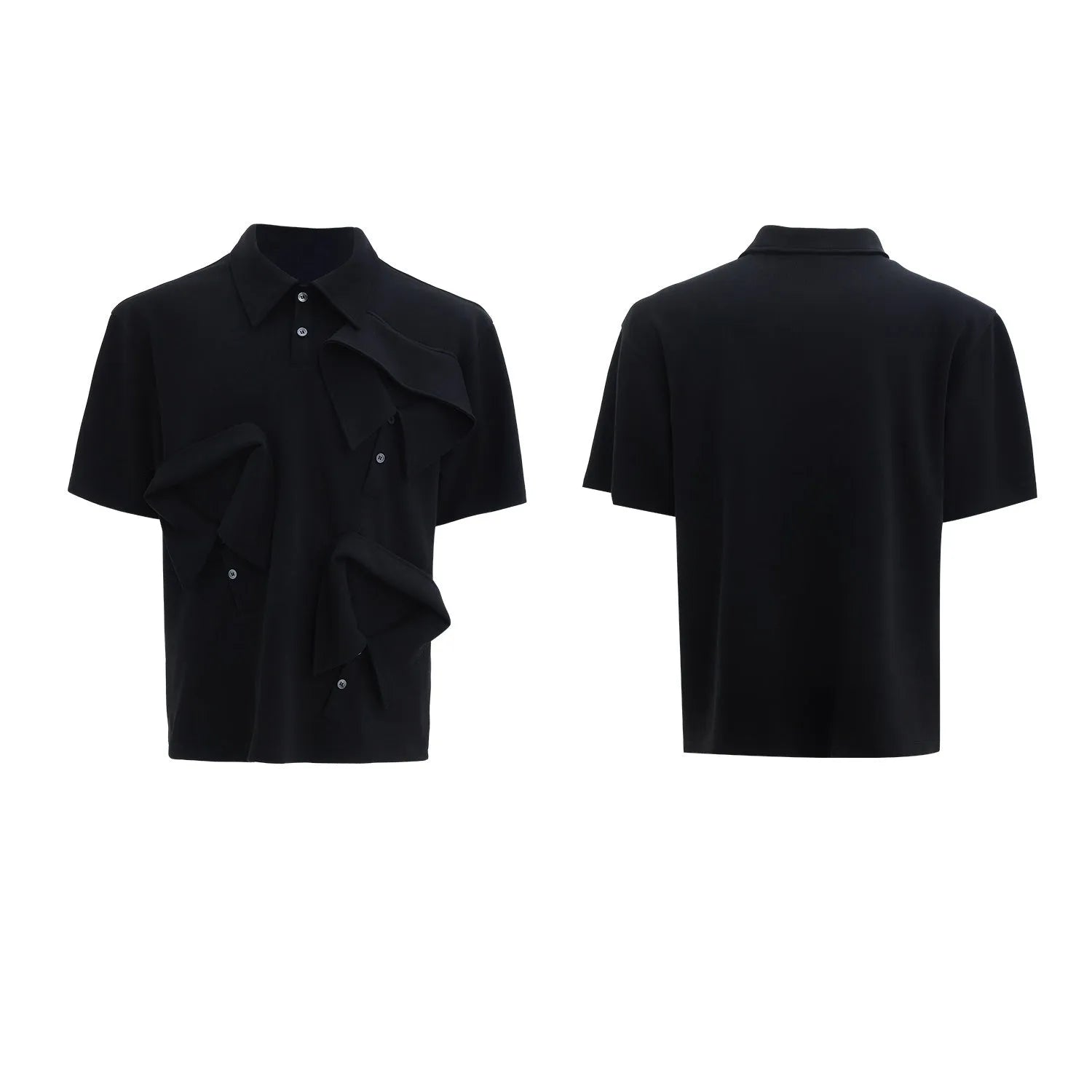Men's loose fit grey polo shirt with a deconstructed multi-collar and a geometric pattern on the chest.