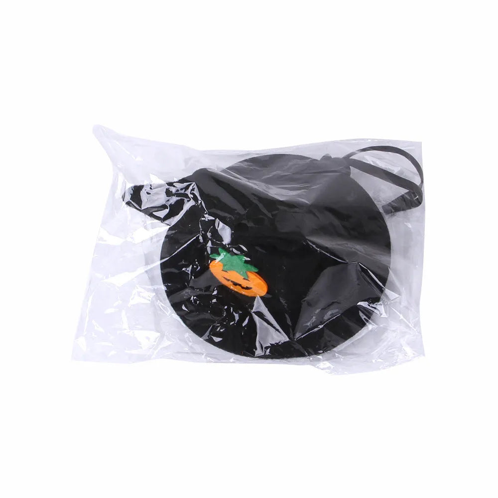 Embroidered cloth pet Halloween hat showing pumpkin design on cat