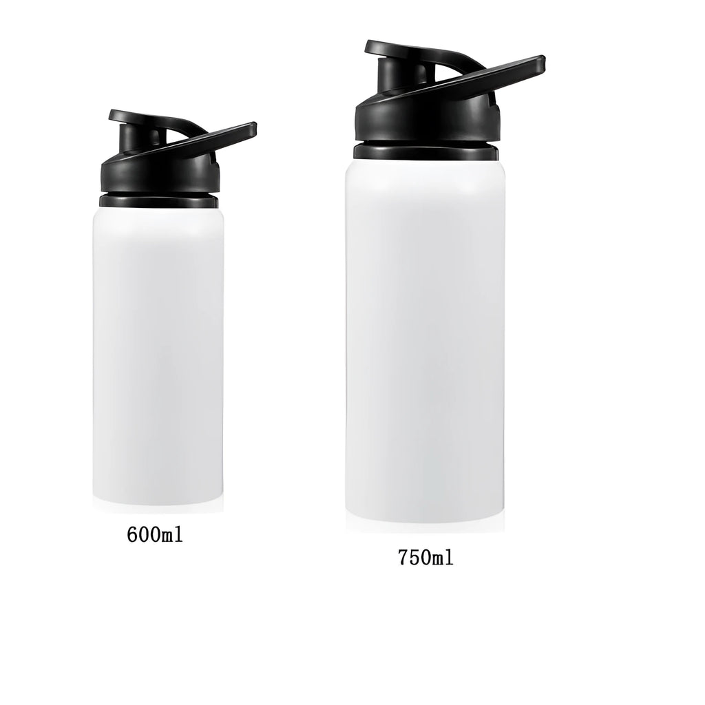 White aluminium sports water bottle with leak-proof lid, shown in 600ml and 750ml capacities for cycling and running.