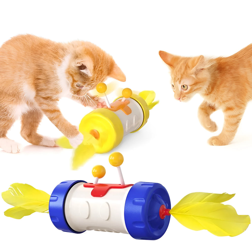 Cat toy stick pole with colourful tumbler feather ball dangling from nylon string