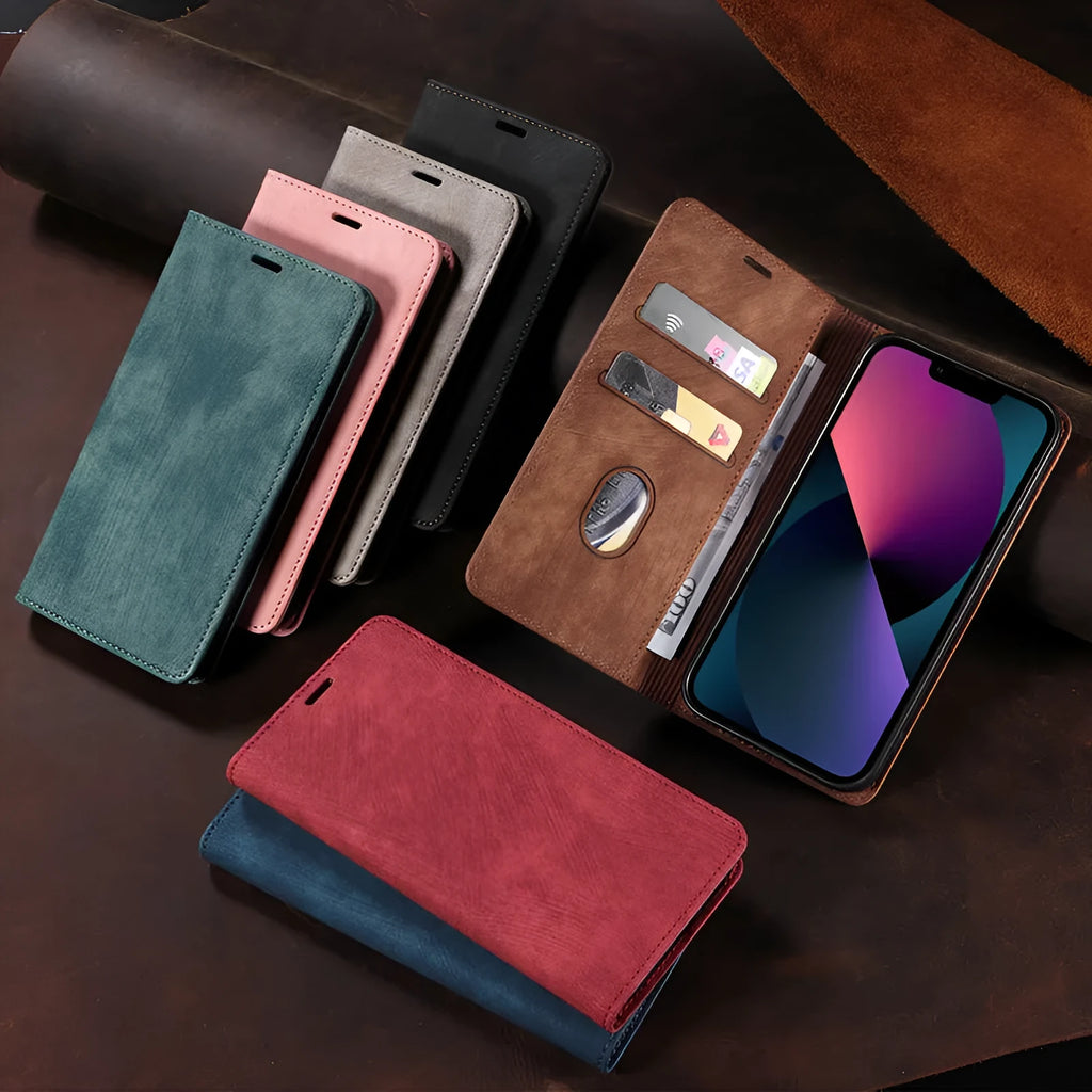 Magnetic flip phone case in grey colour made of TPU and leather for iPhone.