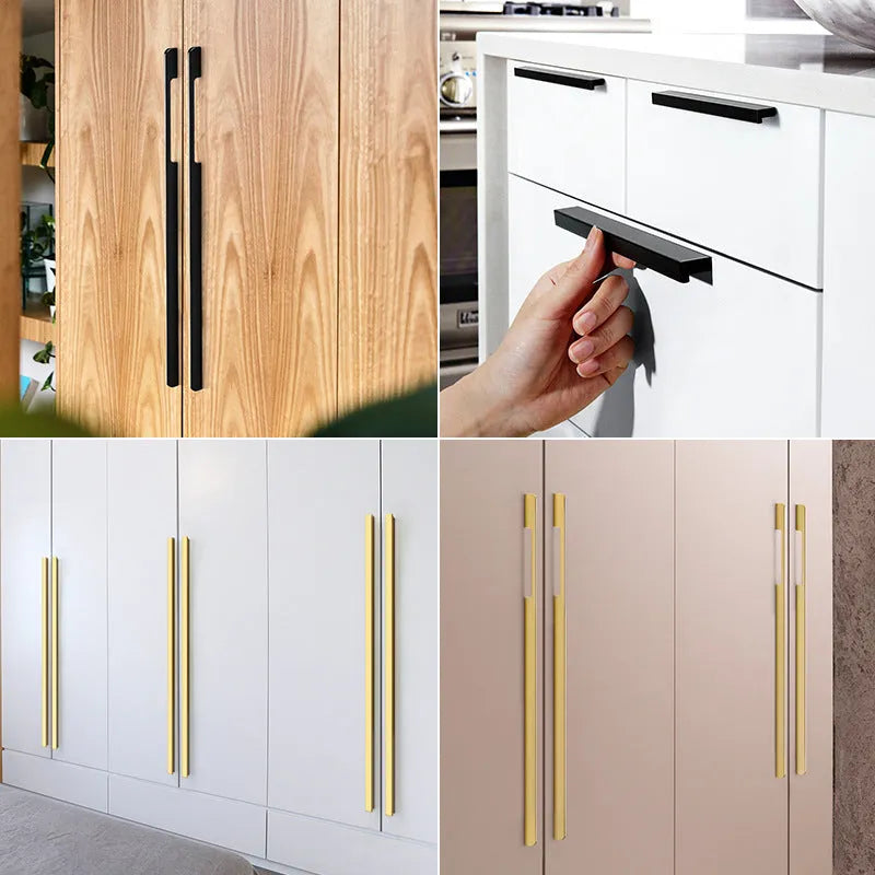 Modern gold T-shaped single hole cabinet handle made from aluminium alloy, showing its profile.