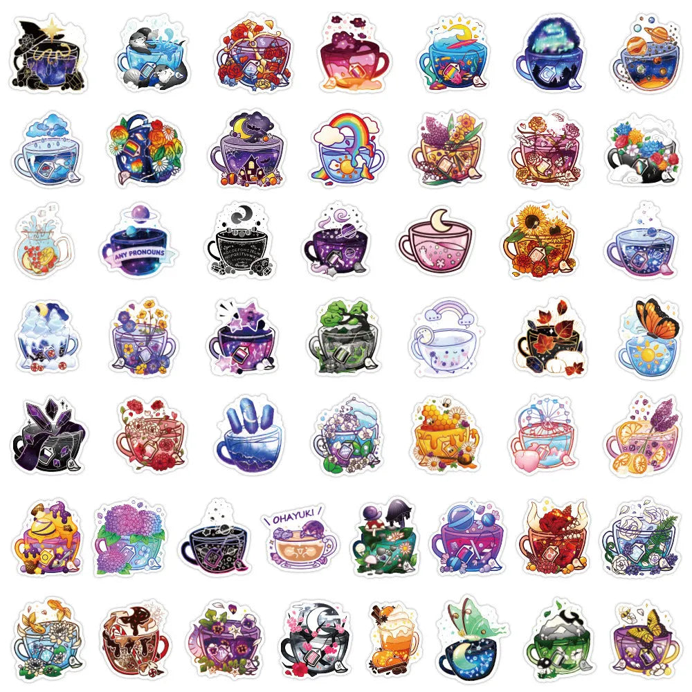 Pack of 50 colourful tea cup graffiti waterproof stickers in Nordic style for luggage and scooter DIY