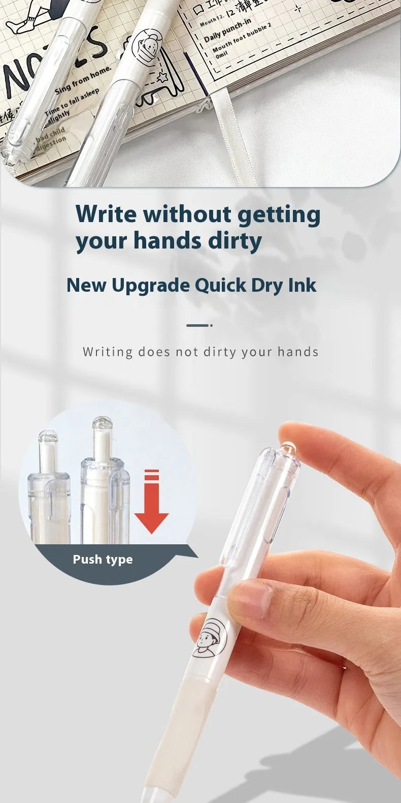 Five white and black ballpoint pens with 0.5mm tips and press-style mechanisms for student exams