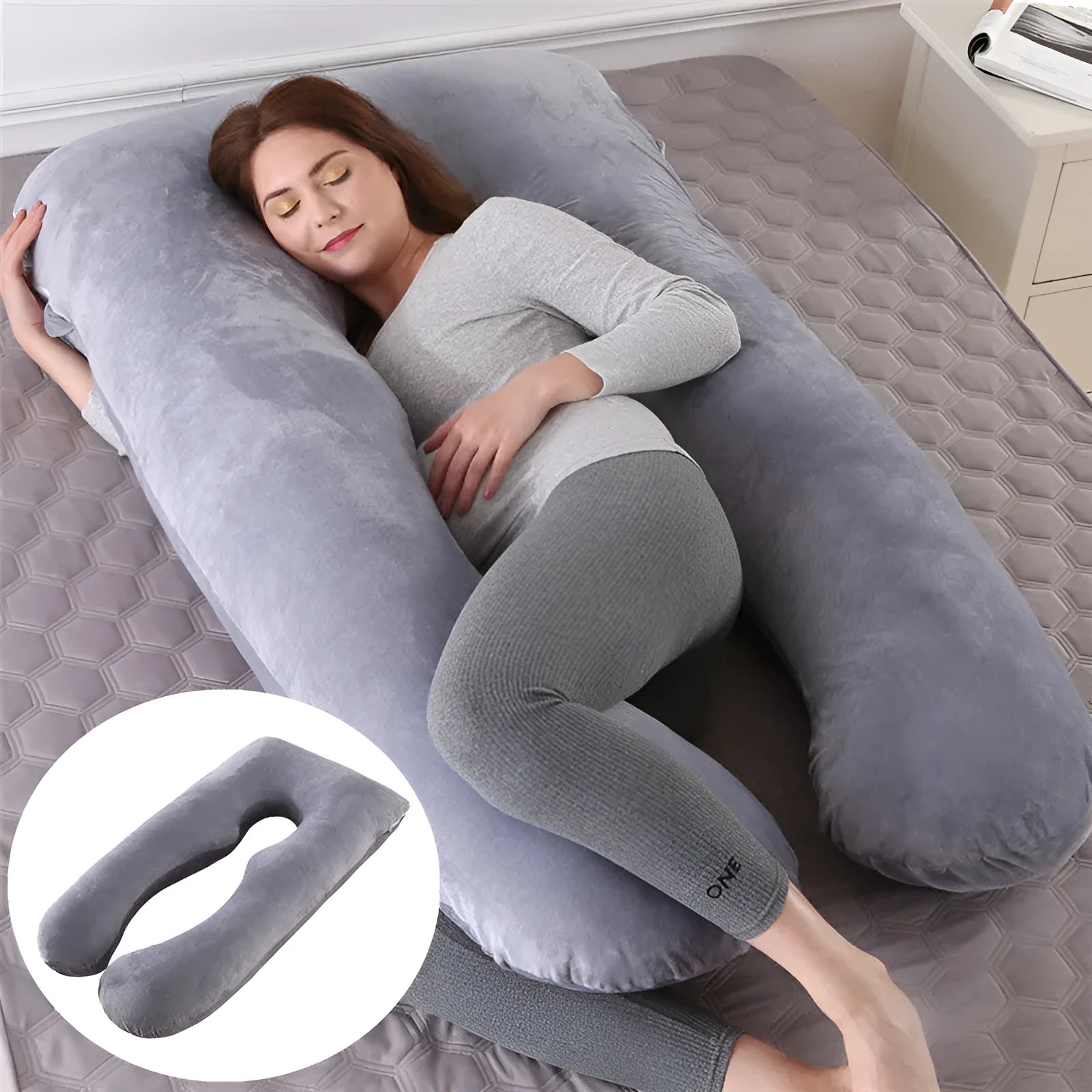 Ice silk U-shaped maternity pillow for pregnant women in grey, showing its 130cm length.